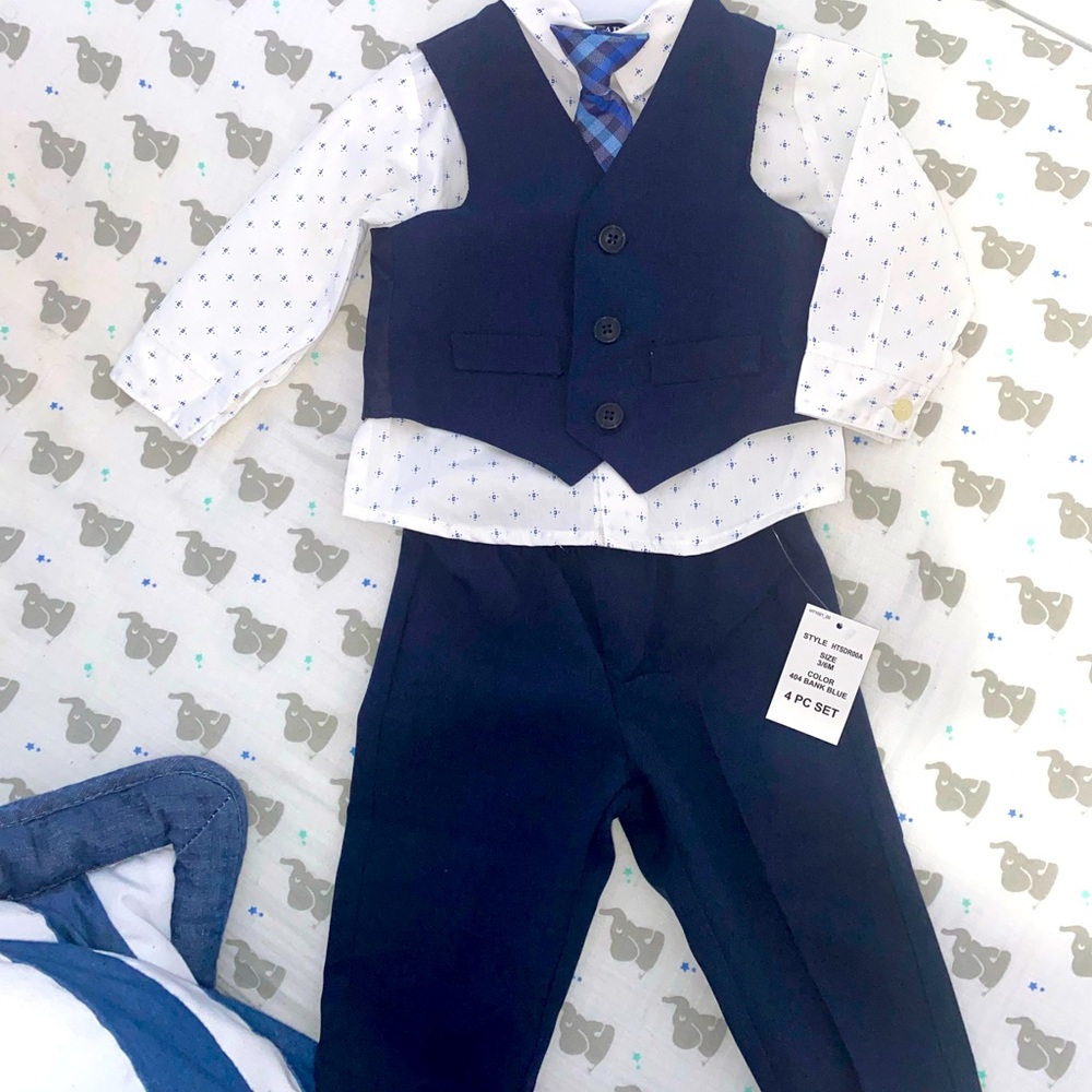New with tags 4 pc dressy boy outfit size 3/6M (selling on eBay/fb for $14.00)